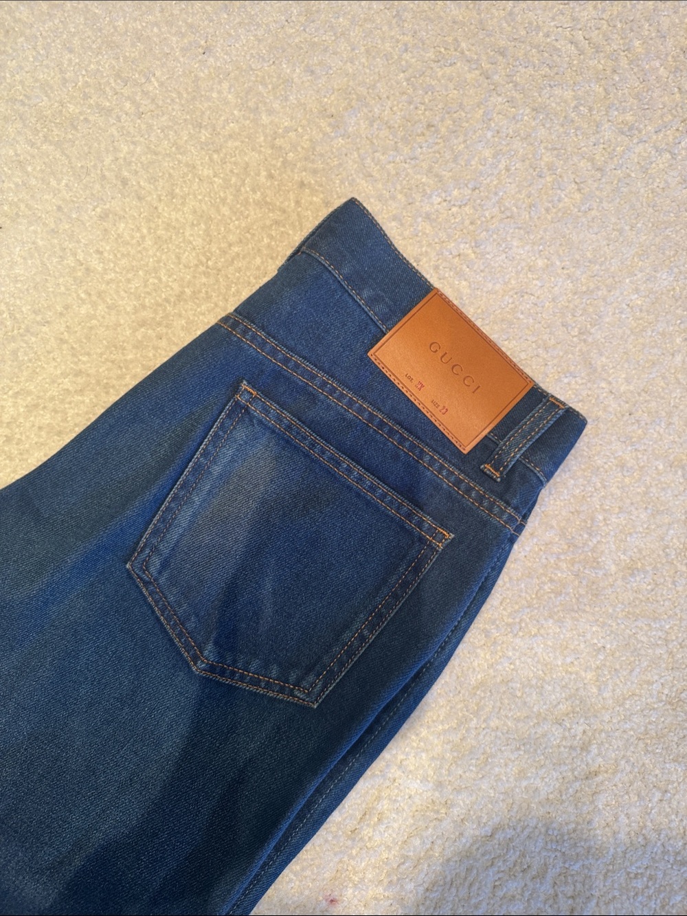 Gucci Women’s Blue Slim Straight Denim Jeans with Leather Logo Patch